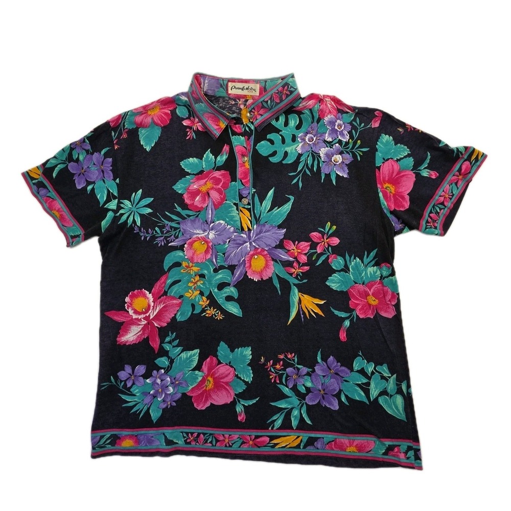 Vintage Floral Blouse Womens M Button Shirt Tropical 80s 90s Colorful Statement